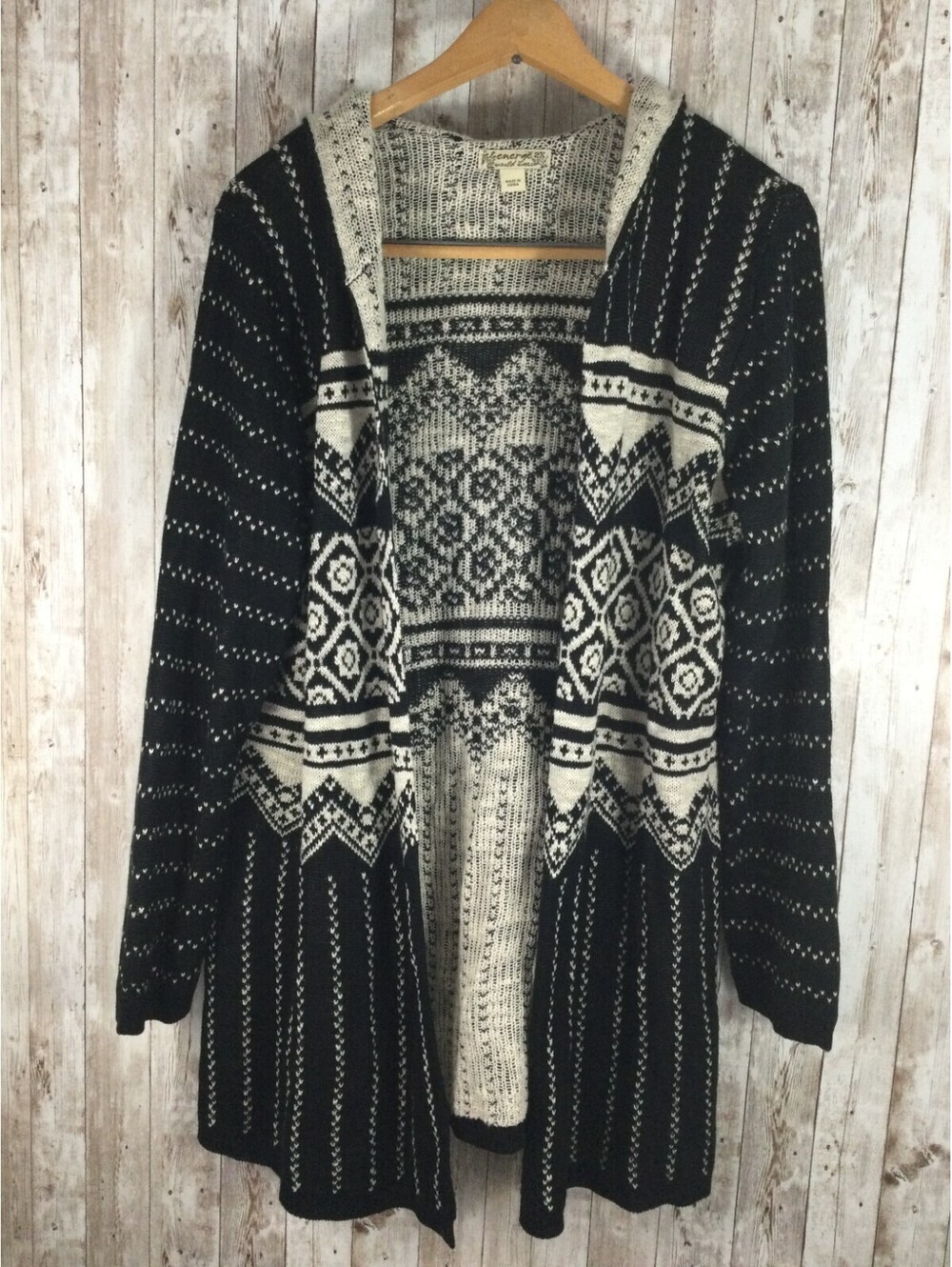 Energe Hooded Knit Cardigan Tunic size 2X Black Tan Southwest open front